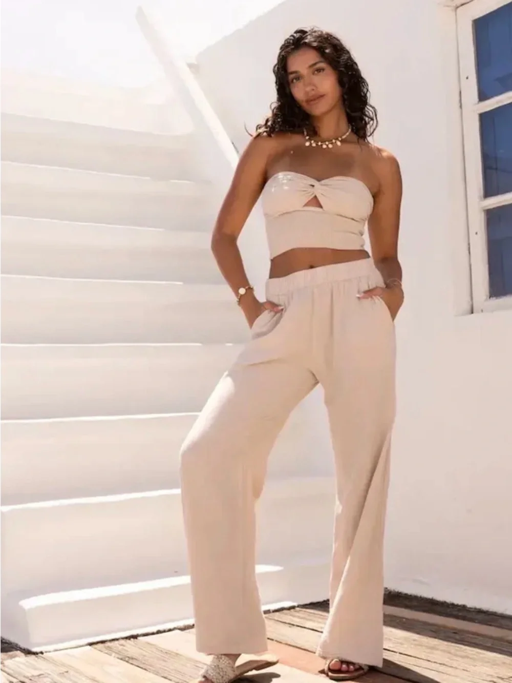 Blanco by Nature Women’s High-Waist Wide-Leg Pants in Light Beige and crop tank - Picture 6 of 10